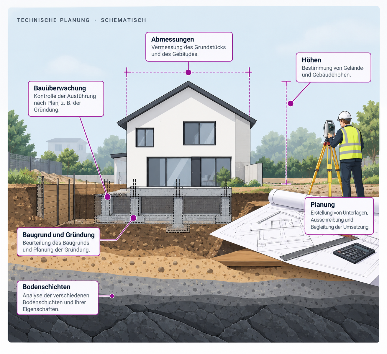 Schematische Darstellung einer technischen Planung: Hausquerschnitt mit Satteldach auf freigelegtem Betonfundament, Vermessungsingenieur mit Tachymeter links, Bauplan mit Lineal und Taschenrechner rechts, beschriftet mit Abmessungen, Höhen, Bauüberwachung, Baugrund und Gründung, Bodenschichten sowie Planung